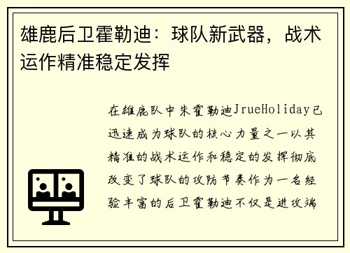 雄鹿后卫霍勒迪：球队新武器，战术运作精准稳定发挥